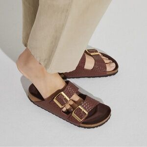 Birkenstock Arizona Croc-Embossed Brown Sandals with Gold Buckles